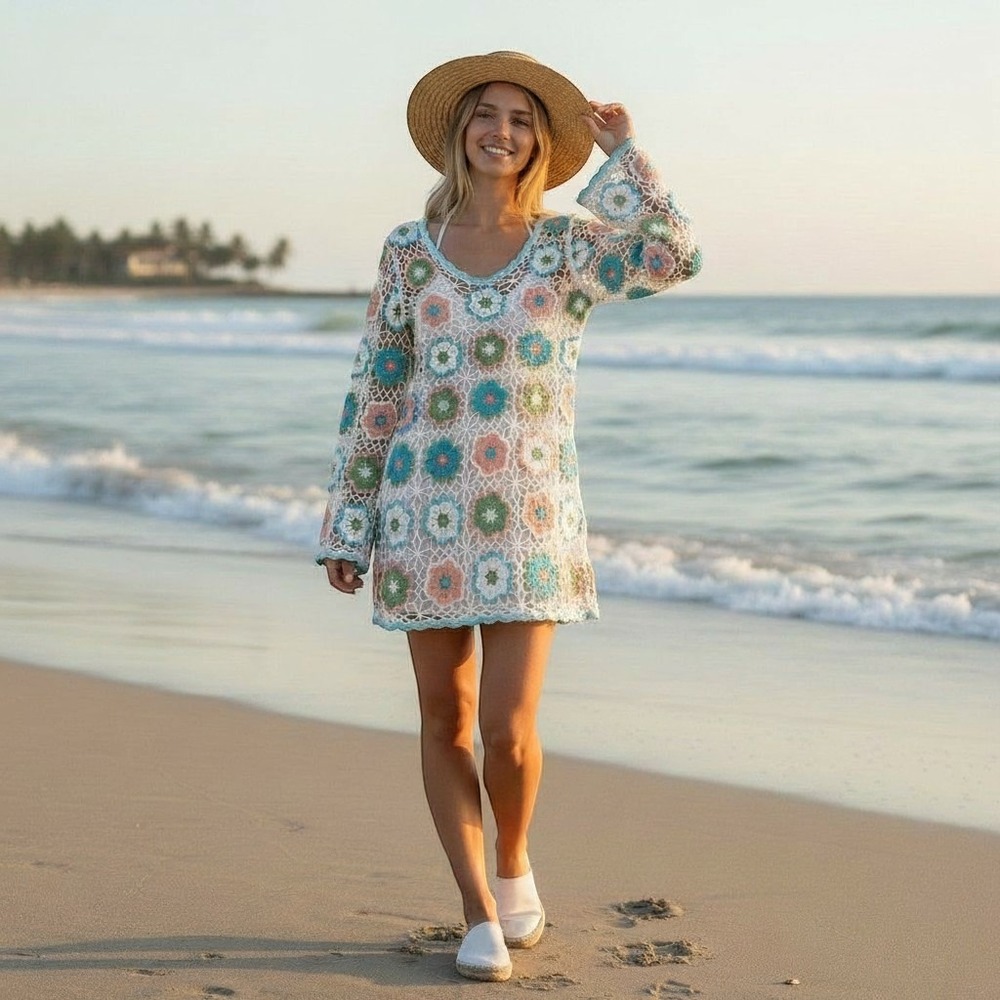 Fairy Season Floral Crochet Mini Dress Cover Up Pastel Boho Bell Sleeve NEW